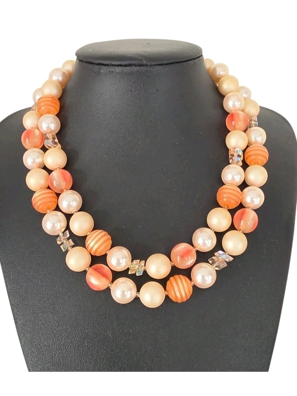 Vintage Signed Japan Triple Strand Beaded Necklace Faux Pearl Peach Orange 18"